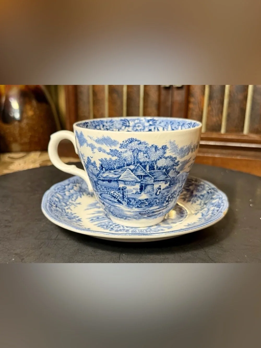 Vintage 1950s Salem English Village Blue Transferware Teacup & Saucer England